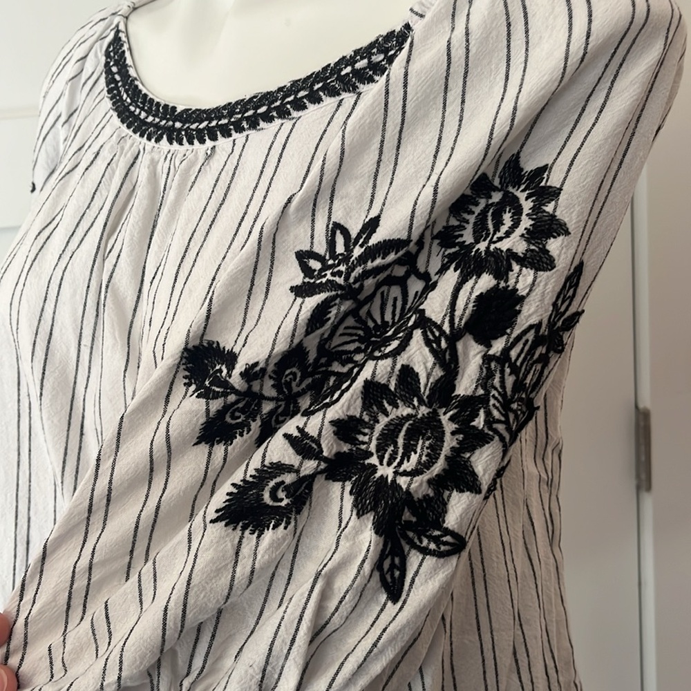 LOFT Black and White Striped Blouse with Embroidery - Picture 2 of 5